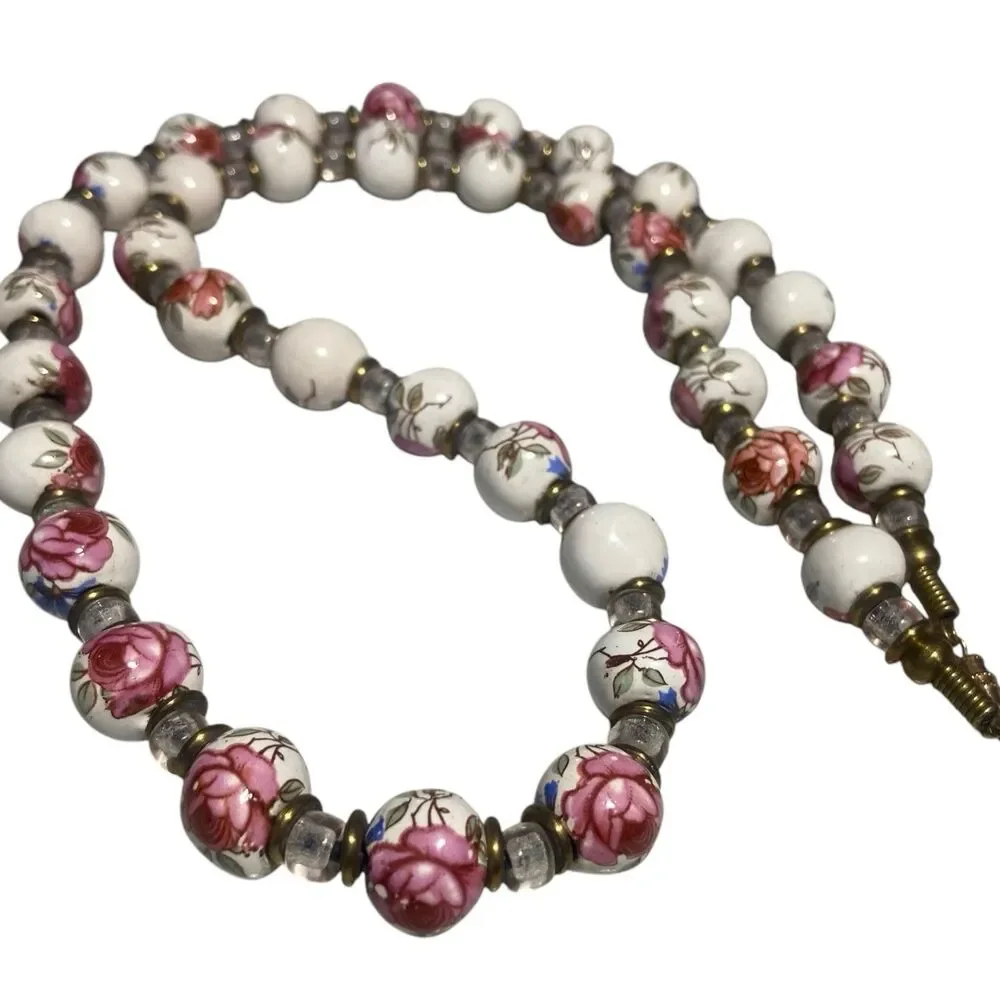 Vintage Chinese Hand Painted Porcelain Flower Beaded Necklace Pink Rose On White